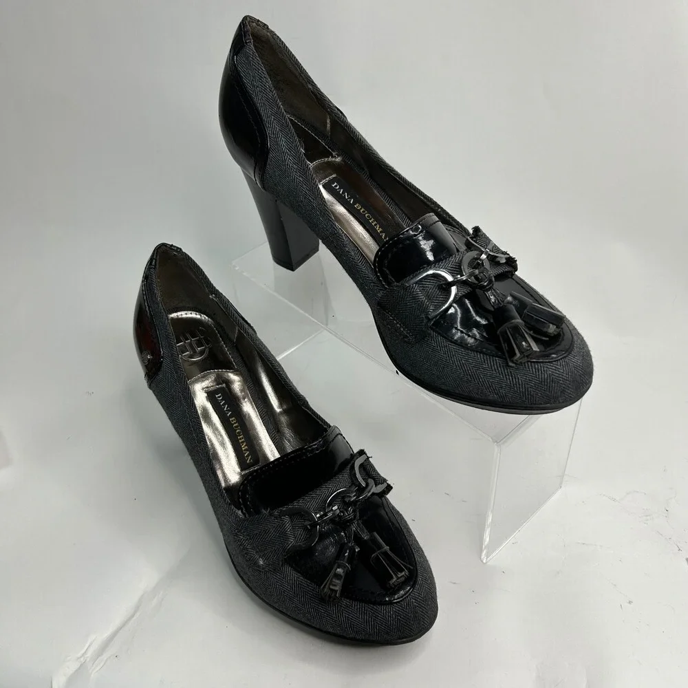 Dana Buchman Womens 8.5‎ Herringbone Tassel Loafer Pumps Black Gray Block Heel